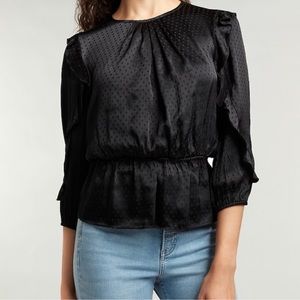 NWT Express Black Jacquard Polka Dot Ruffle Sleeve Peplum Top